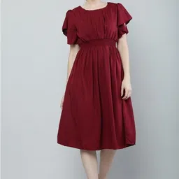 hoc's Women Fit and Flare Maroon Midi/Calf Length Dress-picture-32