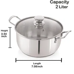 nirlon Silver Stainless Steel 2 Ltr Induction & Gas Compatible Sandwich Bottom Straight Casserole with Glass Lid image 2