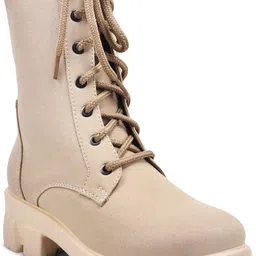 Padchin Women Block Heel Cream Boot With Chunky Lug Sole & Lace Up Style Boots For Women image 3