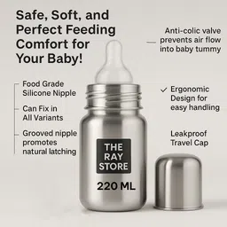 theraystore Premium Baby Stainless Steel Feeding Bottle, Anti-Colic, Leakproof, 220ml - 304 - Stainless Steel image 2