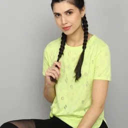 Women Self Design Round Neck Cotton Blend Yellow T-Shirt-image-84