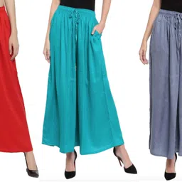 tnq Pack of 3 Women Flared Red, Light Blue, Grey Viscose Rayon Trousers-picture-17