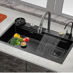 EVANEX Waterfall Kitchen Sink 37"x18"x9" Inch 304 Grade Stainless Steel Sink ANTI SCRATCH HONEYCOMB DESIGN Integrated Waterfall & Pull-down Faucet Vessel Sink-picture-28