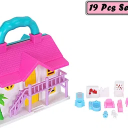 archana novelty Foldable Doll House 2 Room Set for Girls Kids, Openable Door with Furniture, 100% Non-Toxic BPA Free Plastic , Funny House Play Set (19 Pcs Set) image 1