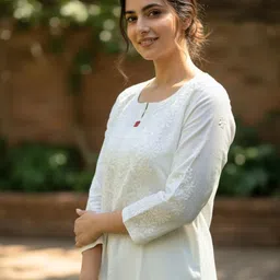 fantacy enterprises Women Chikan Embroidery Cotton Blend A-line Kurta image 3