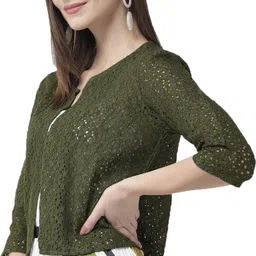 style quotient Women Straight 3/4th Sleeve Green Shrug image 3