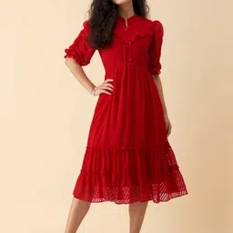 Women Fit and Flare Red Midi/Calf Length Dress-image-6