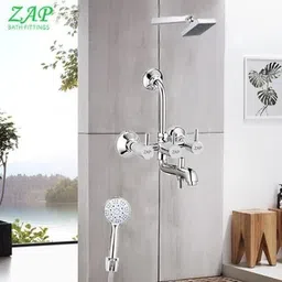 ZAP Felix Turbo Series 3-in-1 Wall Mixer | 100% High Grade Brass | With Overhead Multi-Flow Hand Shower & 1.5 Meter Flexible Tube | Premium Bathroom Fittings Set Rainfall image 2