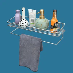 motiqo Stainless Steel Multipurpose Bathroom Shelf/Rack with Towel Rod (Chrome) Stainless Steel Wall Shelf-picture-11