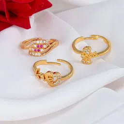 PRIVIU Set Of 3 Gold-Plated American Diamond Stone-Studded Adjustable Finger Ring-image-43