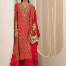 Libas Bandhani Printed V-Neck Straight Kurta With Trousers And Dupatta-picture-15