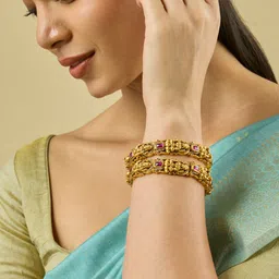 Kushal's Fashion Jewellery Set Of 2 Ruby Gold-Plated Ethnic Antique Bangles-picture-30