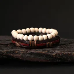 The Roadster Lifestyle Co Men Set Of 2 Brown & Pink Beaded & Alloy Stack Bracelet-picture-12