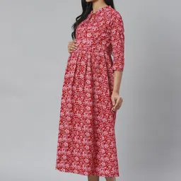 anayna Maroon & Pink Printed Pure Cotton Maternity A-Line Dress image 3
