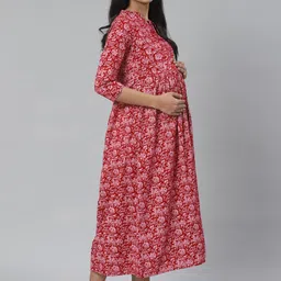 anayna Maroon & Pink Printed Pure Cotton Maternity A-Line Dress image 4