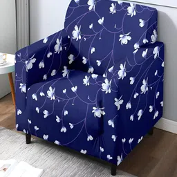 Stuff N' Fluff Navy Blue & White Floral Printed 1 Seater Sofa Cover With Arms-picture-37
