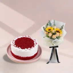 Red Velvet Cake With Mixed Flowers Bouquet-picture-36
