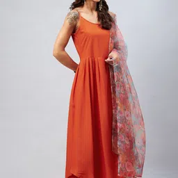 InWeave Women Pleated Anarkali Kurta with Palazzos & Dupatta image 5