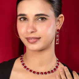 Niscka Rhodium Plated Red American Diamond Necklace and Long Earrings Set-image-12