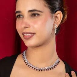 Niscka Rhodium Plated Purple American Diamond Necklace and Long Earrings Set-image-29