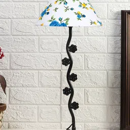 Devansh White & Blue Floral Printed Cotton Zig Zag Table Lamp With Iron Base image 4