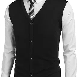 niue Cardigan Men's Dark Black Cardigan Front Open Buttoned Sleeveless Cardigan/Woolen Jacket/Waist Coat/Sweater with Pockets (Multisize) image 1