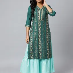 Aurelia Women Green Floral Foil Print Ethnic Liva Kurta-image-77