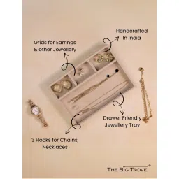 The Big Trove 3 Chain Hooks & Grid Cream Small Velvet, Jewellery Organizer Tray For Wardrobe Closet image 2