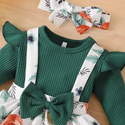niren enterprise Baby Girls Modal Fabric Digital Printed Floral Stretchable Green 2pc Dungaree Dress image 5
