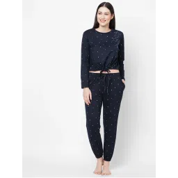 Sweet Dreams Women Navy Blue Printed Crop Top & Pyjama (Set of 2)-image-25