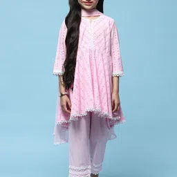 Biba Girls Floral Embroidered Pleated Kurta with Palazzos & Dupatta-picture-5