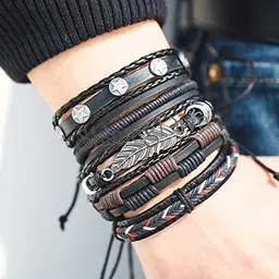shining diva fashion Genuine Leather Bracelet Wraps Casual Skin Friendly Bracelets for Men Boys image 3