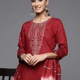 Varanga Women Maroon Ethnic Motifs Embroidered Kurta with Trousers & Dupatta-image-93