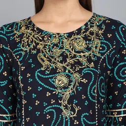 Anouk Navy Blue Bandhani Printed Bell Sleeves Thread Work A-Line Kurta image 2