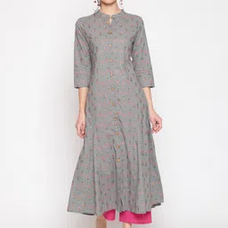 WOMENCLICK Women Grey Floral Printed Floral Kurta-image-7