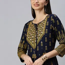 SHOWOFF Women Navy Blue Ethnic Motifs Keyhole Neck Gotta Patti Anarkali Kurta-image-12
