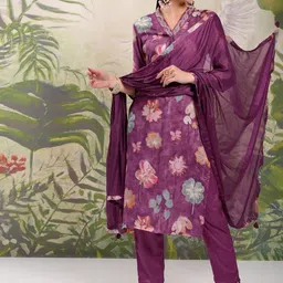 Vishudh Burgundy Floral Printed Beads & Stones Straight Kurta With Trousers & Dupatta image 2