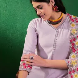 Sangria Floral Embroidered Schiffli Lace Detail Kurta With Palazzo & Dupatta image 2