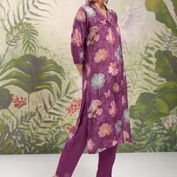 Vishudh Burgundy Floral Printed Beads & Stones Straight Kurta With Trousers & Dupatta image 4