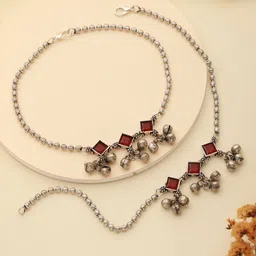 Saraf RS Jewellery Set Of 2 Rhodium-Plated Stone-Studded Oxidised Anklets image 1