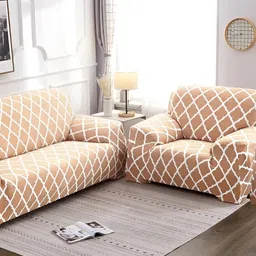 Stuff N' Fluff Beige & White 3 Pieces Printed 5 Seater Sofa Cover With Arms-picture-29
