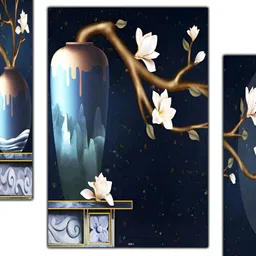 PnF Blue & White 3 Pieces Wooden Floral and Botanical Wall Stickers-image-3