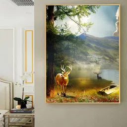 Art Street Blue & Gold Toned Deer in the Forest Abstract Painting Framed Wall Art-picture-16