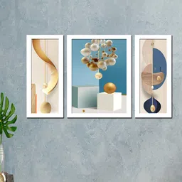 WENS Set Of 3 Blue & White Abstract Printed Framed Wall Painting-picture-14