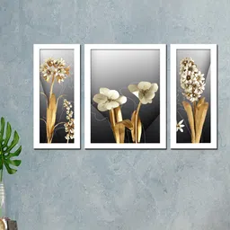 WENS Set Of 3 White & Gold Coloured Flowers Painting Wall Art-picture-21