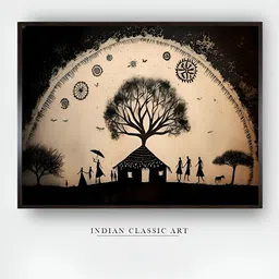 INDIAN CLASSIC ART Cream & Black Canvas Paintings Wall Art-image-1