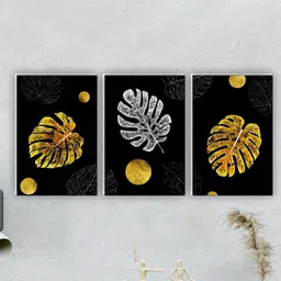 SAF Black & Gold Toned 3 Pieces Leaves Painting Waterproof Wall Arts-picture-39