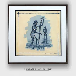 INDIAN CLASSIC ART Beige & Blue Indian Folk Painting Wall Art-picture-10
