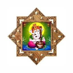 PnF Green & Brown Lord Ganesha Religious Wooden Painting Wall Art-picture-14