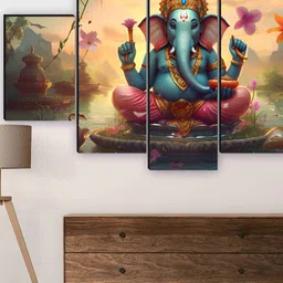 SAF Brown & Blue 5 Pieces Wooden Ganesha Wall Arts-picture-26